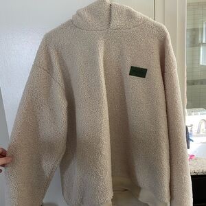 Cream Sherpa Hoodie with Green Logo Patch